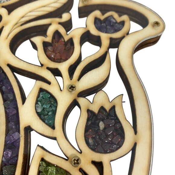 Large Wooden Hamsa House Blessing Good Luck Wall Decor Hebrew Stone Chips EUC - Picture 4 of 6